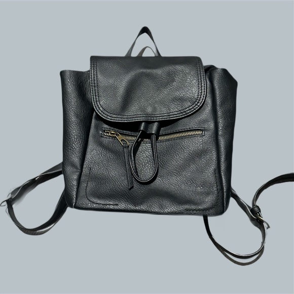 Black Faux Leather Mini Backpack Bag Pockets Zipper bronze travel work school - Picture 1 of 10